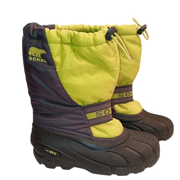 Sorel Kids Snow Boots Yellow/Lime Green Wind Water Resistant Lugged Sole sz 5 - Picture 1 of 5